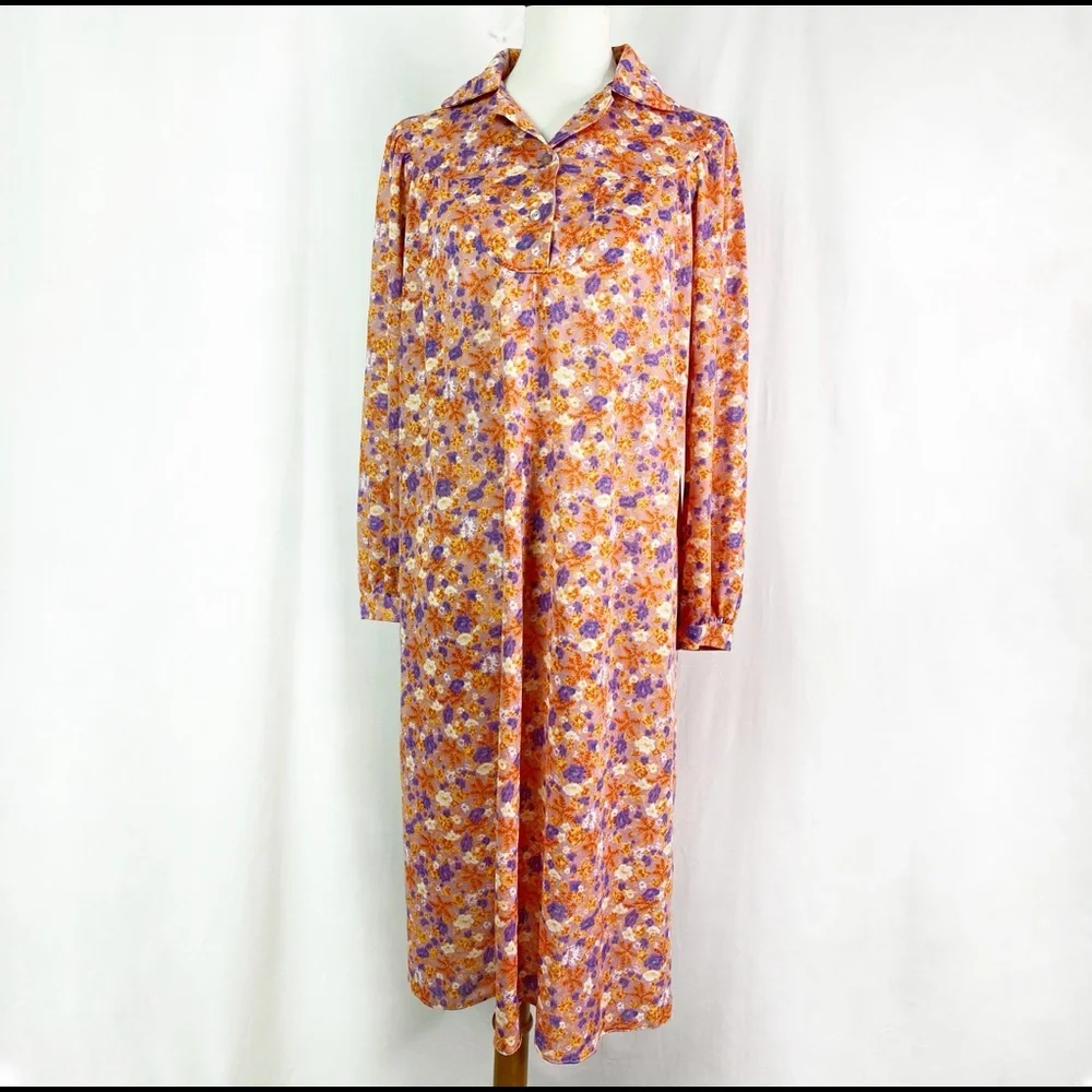 Vintage 70s Floral Wide Collar Long Sleeve Dress Lg